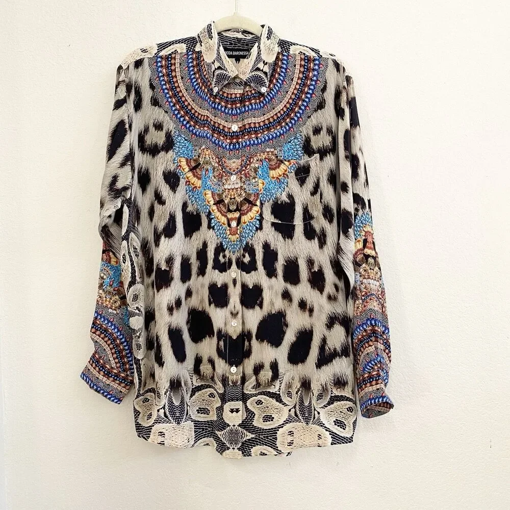 Moda Baronessa Button Up Blouse Multicolor Animal Print 100% Silk Small Tunic - Picture 1 of 10